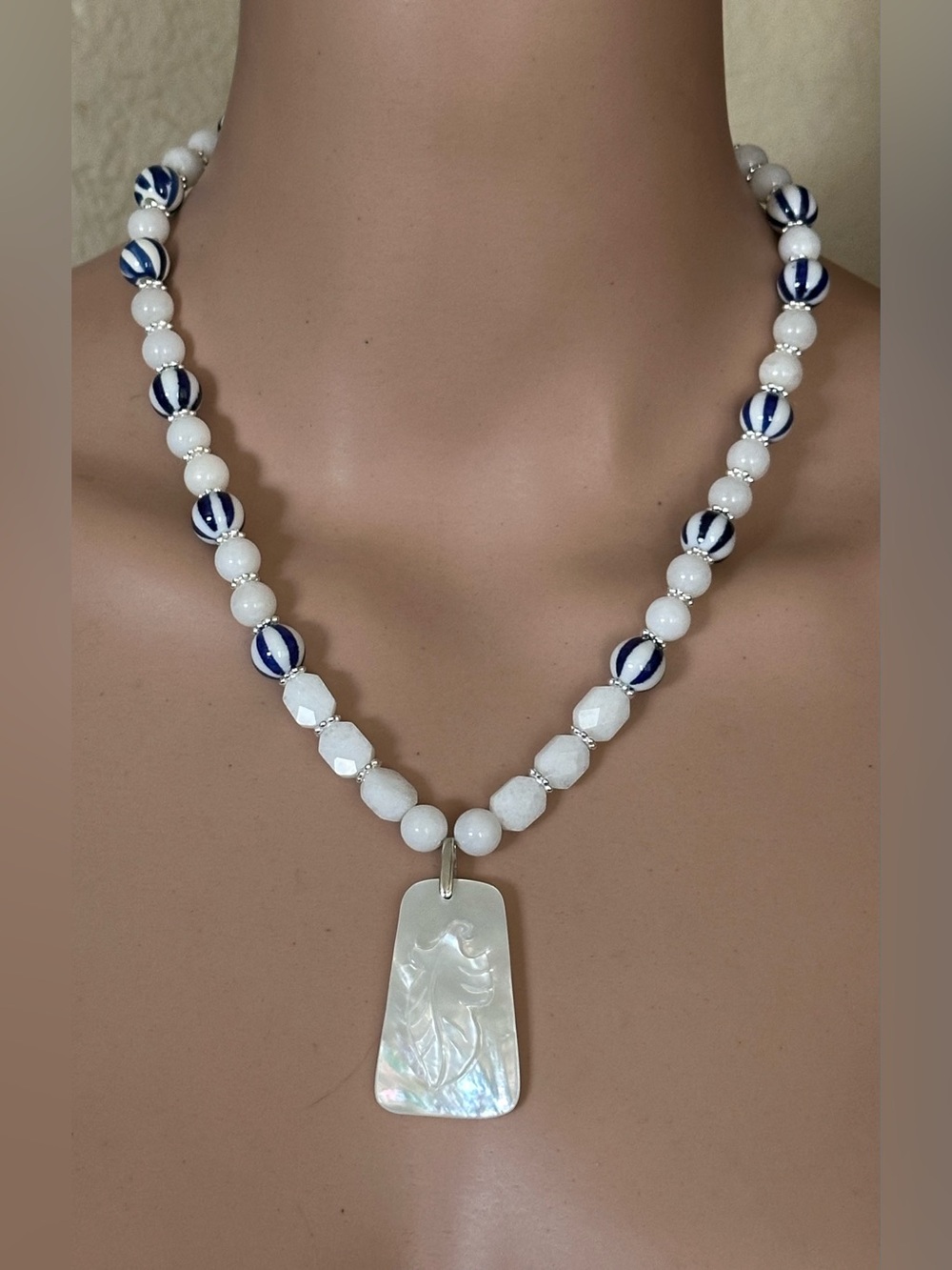 Navy & White Beaded Necklace with Mother-of-Pearl Pendant
